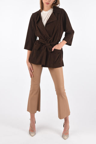 3/4-Sleeved Unlined Suede Jacket with Belt