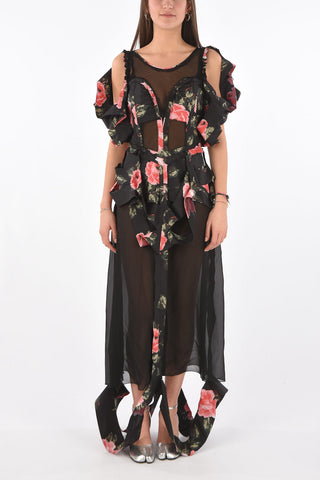 MM0 Floral Print Dress with Illusion Neckline and Cut-Out Details