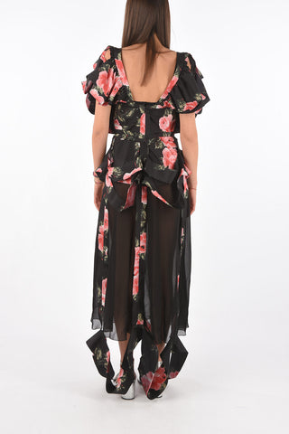 MM0 Floral Print Dress with Illusion Neckline and Cut-Out Details