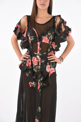 MM0 Floral Print Dress with Illusion Neckline and Cut-Out Details