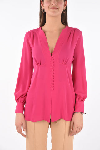 Blusa in Seta con Collo a V e Bottoni Rivestiti