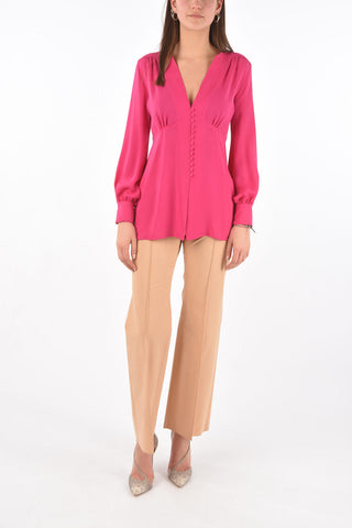 Blusa in Seta con Collo a V e Bottoni Rivestiti