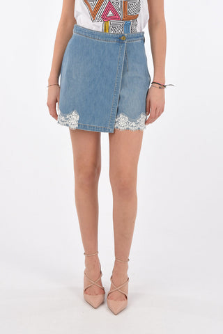 Shorts a Portafoglio in Denim con Fondo in Pizzo