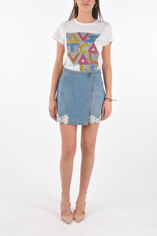 Shorts a Portafoglio in Denim con Fondo in Pizzo