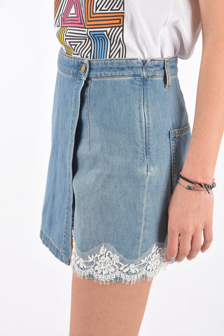 Shorts a Portafoglio in Denim con Fondo in Pizzo