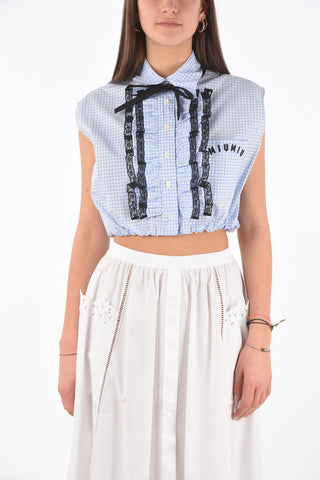 Ruffle Front Gingham Cotton Crop Shirt
