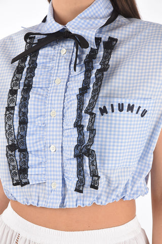 Ruffle Front Gingham Cotton Crop Shirt