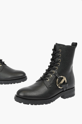 LOVE textured leather combat boots with golden details