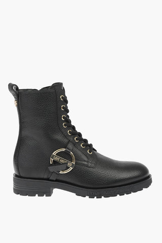 LOVE textured leather combat boots with golden details