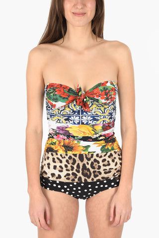 Mix Printed Strapless One-piece Swimsuit with Bow