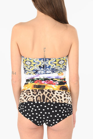 Mix Printed Strapless One-piece Swimsuit with Bow