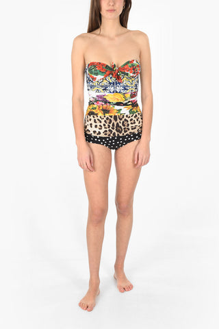 Mix Printed Strapless One-piece Swimsuit with Bow