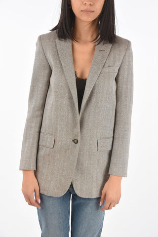 1 Button Peak Lapel Herringbone Wool Blazer