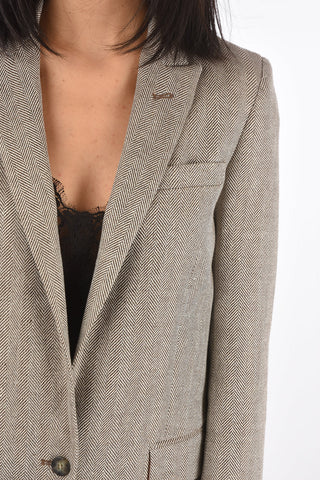 1 Button Peak Lapel Herringbone Wool Blazer