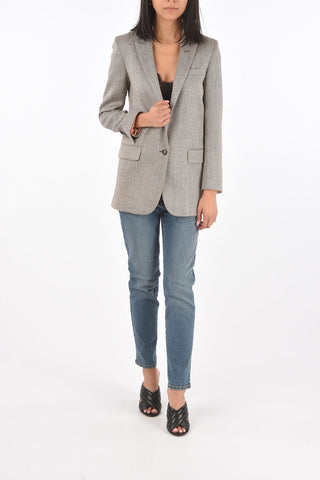 1 Button Peak Lapel Herringbone Wool Blazer