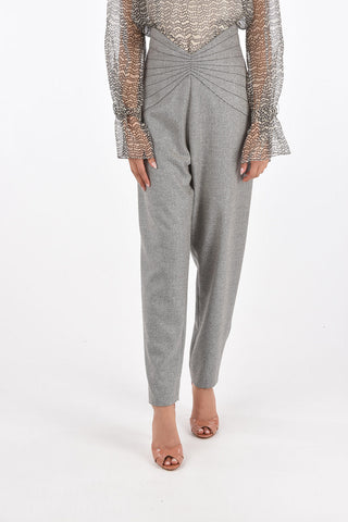 Pantaloni in Lana Herringbone Con Vita a V