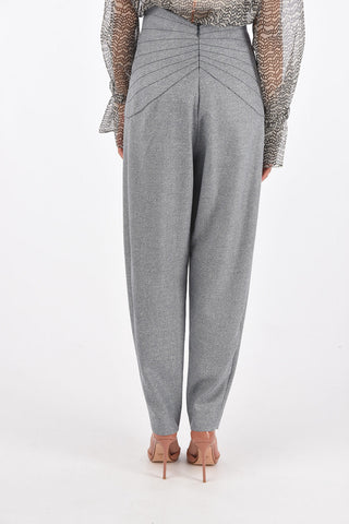 Pantaloni in Lana Herringbone Con Vita a V