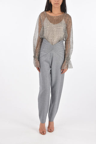 Pantaloni in Lana Herringbone Con Vita a V