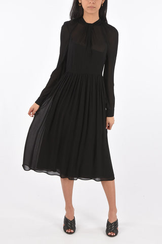 Flared Silk Dress with Back Tied Tie Neck Collar