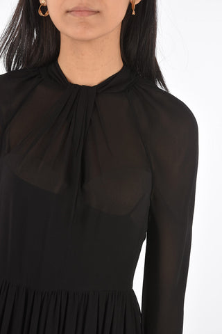 Flared Silk Dress with Back Tied Tie Neck Collar