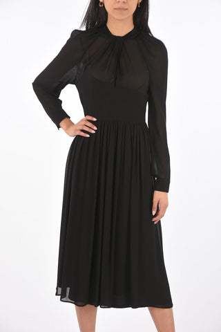 Flared Silk Dress with Back Tied Tie Neck Collar