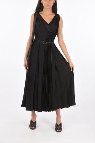 Pleated Detail Satin Dress with Buckle Belt