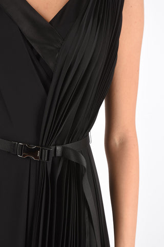 Pleated Detail Satin Dress with Buckle Belt