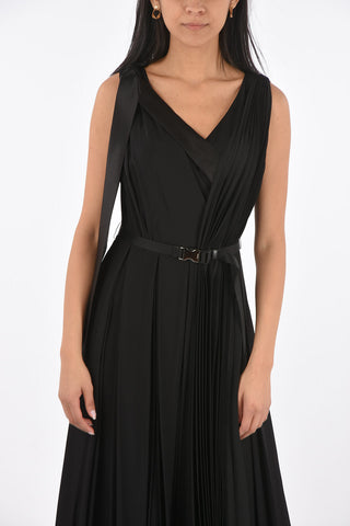 Pleated Detail Satin Dress with Buckle Belt