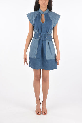 Two Tone Denim Dress with Belt and Cut-out Detail