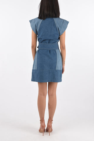 Two Tone Denim Dress with Belt and Cut-out Detail