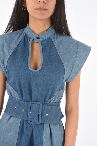 Two Tone Denim Dress with Belt and Cut-out Detail