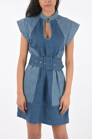 Two Tone Denim Dress with Belt and Cut-out Detail