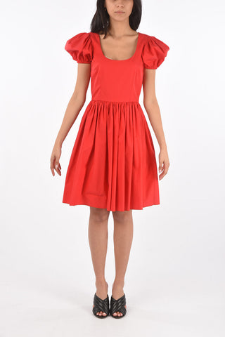 Puff-sleeved Cotton Short Dress with Flared Skirt