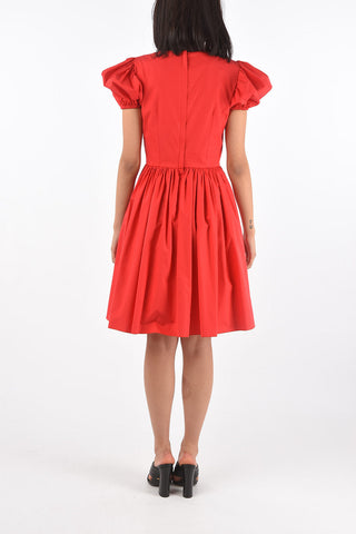 Puff-sleeved Cotton Short Dress with Flared Skirt
