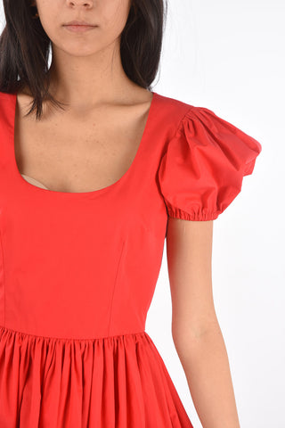 Puff-sleeved Cotton Short Dress with Flared Skirt