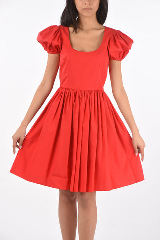 Puff-sleeved Cotton Short Dress with Flared Skirt