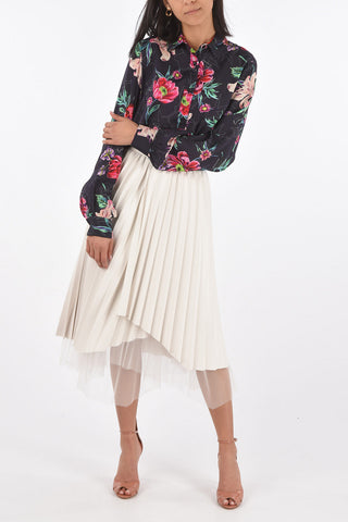 Tulle Underskirt Pleated Ecoleather Midi Skirt