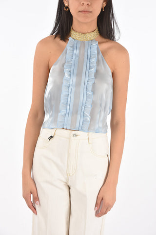  Halter Neck Ruffle Front Crop Top