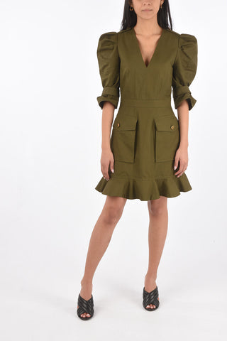 3/4-Sleeved Denim Midi Dress with Flap Patch Pockets