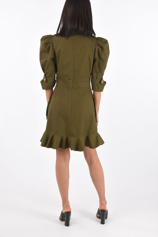 3/4-Sleeved Denim Midi Dress with Flap Patch Pockets