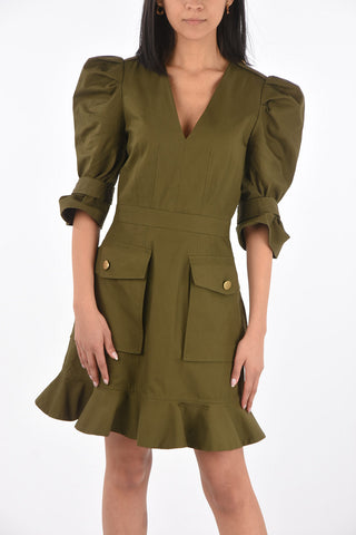 3/4-Sleeved Denim Midi Dress with Flap Patch Pockets