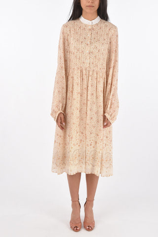 Floral Patterned Silk Tuxedo Shirt Dress