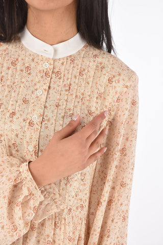 Floral Patterned Silk Tuxedo Shirt Dress