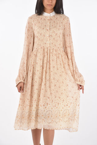 Floral Patterned Silk Tuxedo Shirt Dress
