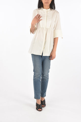 3/4-Sleeved Peplum Shirt with Mandarin Collar