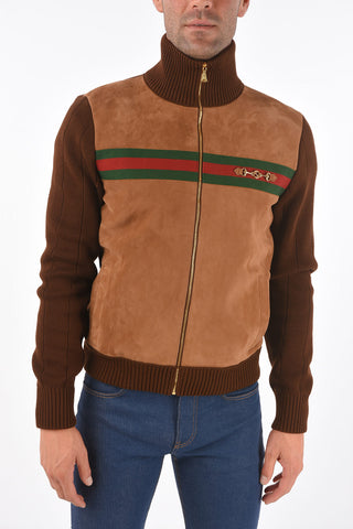Suede Bomber Jacket with Knitted Edges and Sleeves