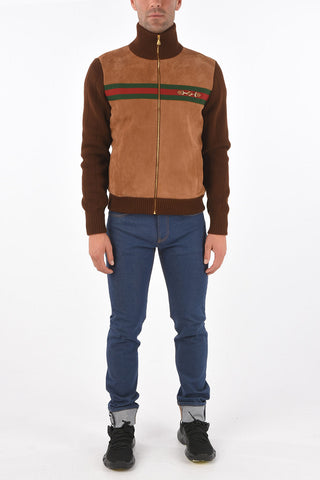 Suede Bomber Jacket with Knitted Edges and Sleeves