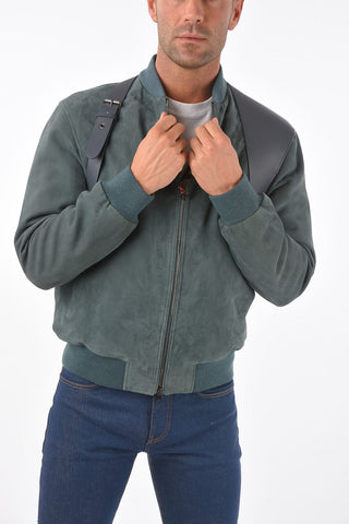 Leather Strap Suede Bomber Jacket