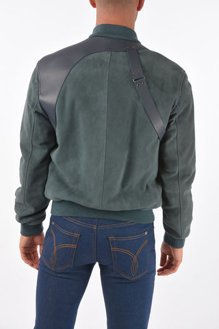 Leather Strap Suede Bomber Jacket
