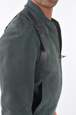 Leather Strap Suede Bomber Jacket
